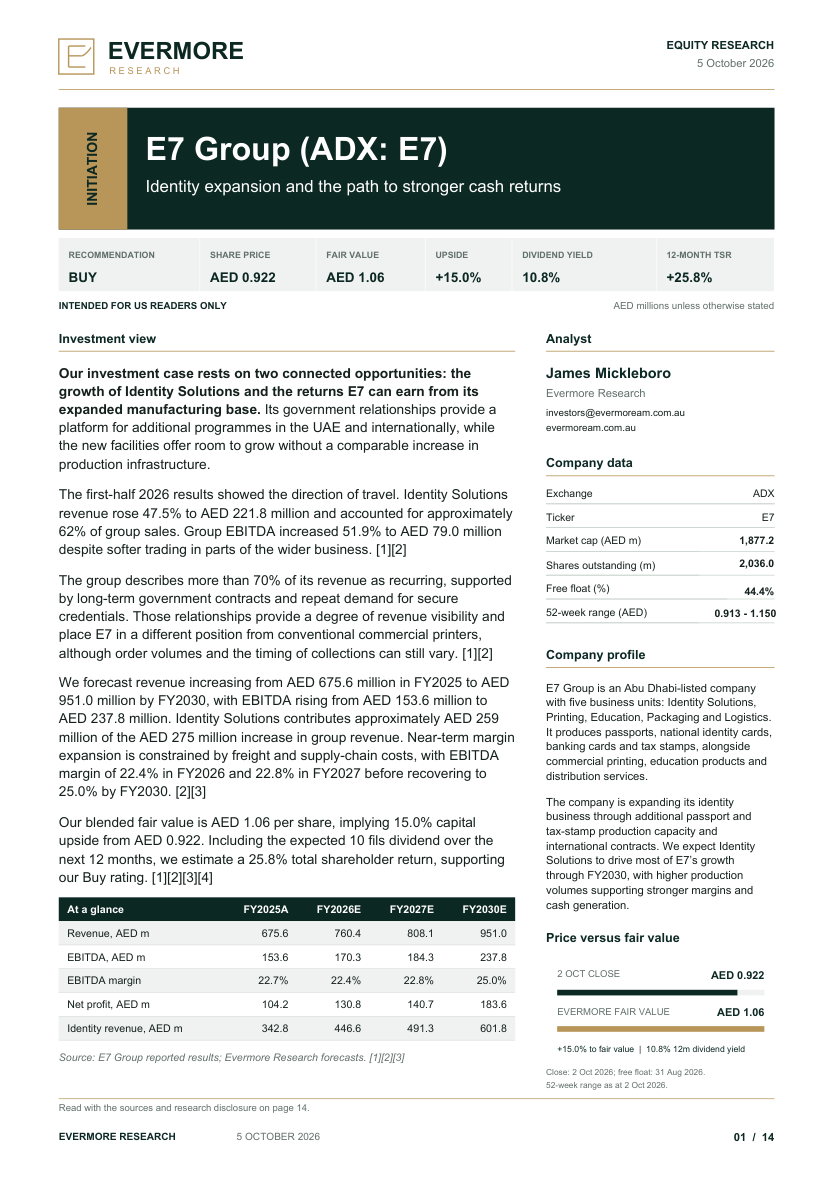 Cover of Evermore Research's E7 Group initiation report dated 5 October 2026